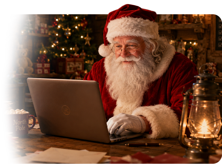 Santa at his laptop in his cosy North Pole study
