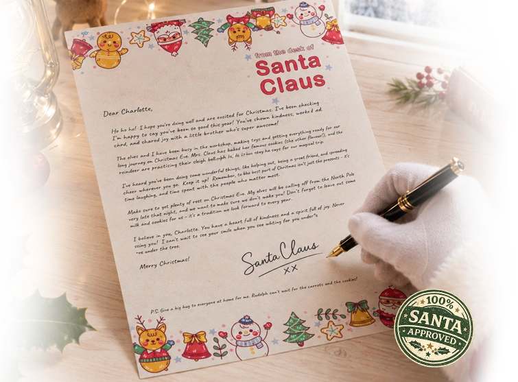A personalised letter from Santa Claus being signed at the North Pole